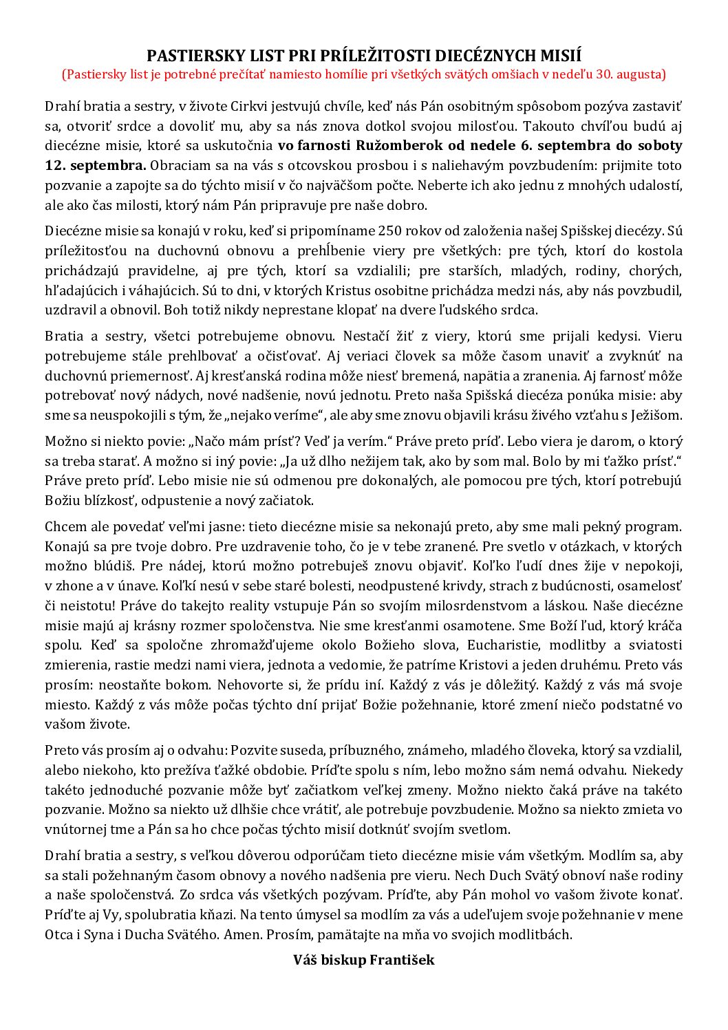 Pastiersky list – diecézne misie (otec biskup František)